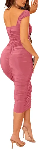 Vista 5 de Halfword Vestido midi sexy de un hombro para mujer, fruncido, entallado, con cordón, para fiesta nocturna, club, cóctel