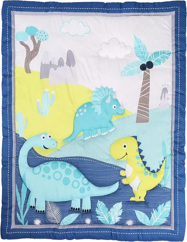 Vista 3 de Juego de ropa de cama de cuna de dinosaurio azul T-Rex con temática de dinosaurio para bebé, juego de ropa de cama + sábana bajera + falda + cenefa