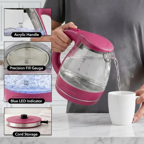 Vista 4 de OVENTE Hervidor Eléctrico, 1.5L de Vidrio de Borosilicato para Encimera, Calentador y Hervidor de Agua para Café o Té, Libre de BPA, Apagado Rosa