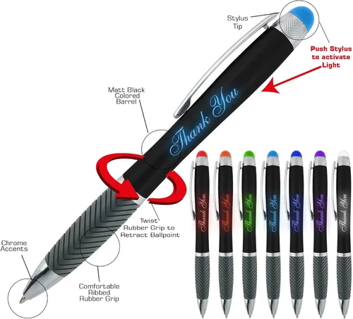 Vista 2 de Bolígrafos personalizados, paquete de 100 unidades, grabado láser sin granel, bolígrafo de 3 pulgadas, lápiz óptico y área personalizada con luz