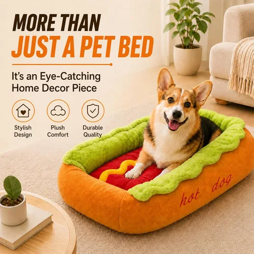 Vista 3 de Cama para perro caliente con forma de perro caliente, sofá cama extraíble y lavable de felpa para perros pequeños, perro salchicha y gatos, parte