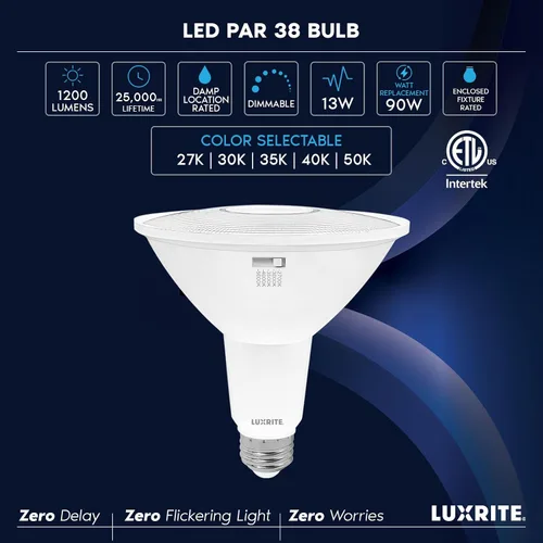 Vista 7 de LUXRITE PAR38 Foco LED de inundación, equivalente a 90 W, 5 colores seleccionables 2700K-5000K, 1200 lúmenes, 13 W, foco LED regulable