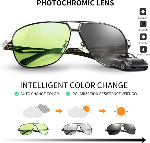 Vista 3 de K.LAVER Gafas de sol polarizadas fotocromáticas de aviador UV400 gafas de conducción de día y noche para hombres y mujeres, gafas de bisagra