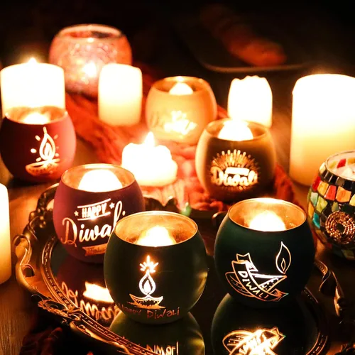 Vista 7 de SHMILMH Diwali Gifts - 6 piezas de decoraciones Happy Diwali para el hogar, candelita de cristal colorido para fiestas, centro de mesa Deco