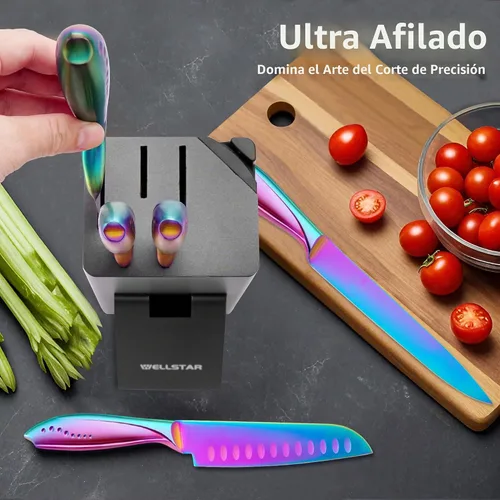 Vista 3 de WELLSTAR Juego de cuchillos arcoíris de 8 piezas, juego de cuchillos de cocina de acero inoxidable alemán iridescente con bloque de madera Juego