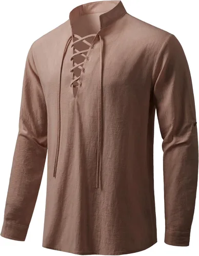 Vista 4 de Camisas de manga larga para hombre, estilo retro, con cordones para disfraz medieval, vikingo, hippie, Halloween, cosplay, pirata, renacentista