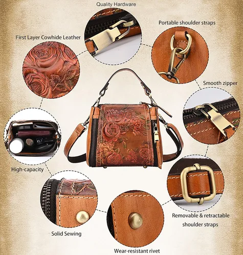 Vista 3 de Bolso cruzado de cuero para mujer, con asa superior, bolso de mano vintage