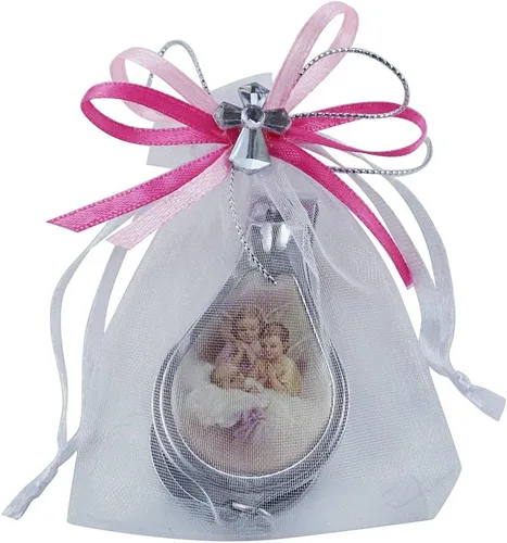 Vista 2 de 12 llaveros de bautismo con cortaúñas y abridor de recuerdos de fiesta para niñas, diseño de bautizo recuerdos/ángel bebé en bolsas decoradas Rosa-1