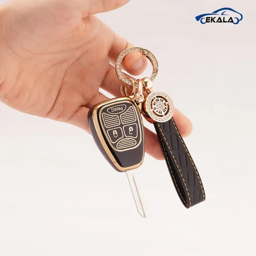 Vista 5 de EKALA para Funda de Llavero con Llavero de Cuero, Funda de Llavero de 5 Botones de TPU Compatible con 2007-2018 Wrangler Compass Patriot, Dodge Ram