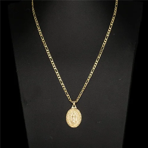 Vista 3 de kelistom Collar con colgante de Guadalupe chapado en oro de 14 quilates para mujeres y hombres, collar de cadena plana de 0.118in, 1822 pulgadas
