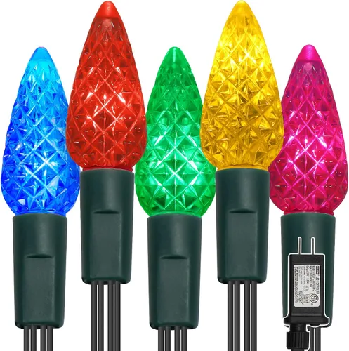 Vista 9 de WATERGLIDE Luces de Navidad C6, 100 luces LED de 33 pies, guirnalda de luces facetadas de alambre verde con adaptador seguro, 8 modos