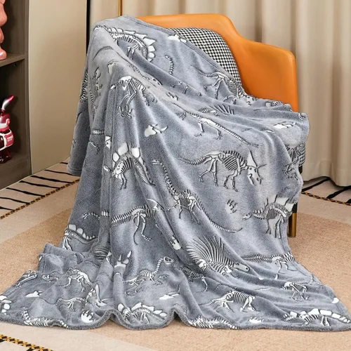 Vista 2 de Manta de dinosaurio que brilla en la oscuridad, manta de dinosaurio para niños, franela suave, regalos para amantes de los dinosaurios, mantas