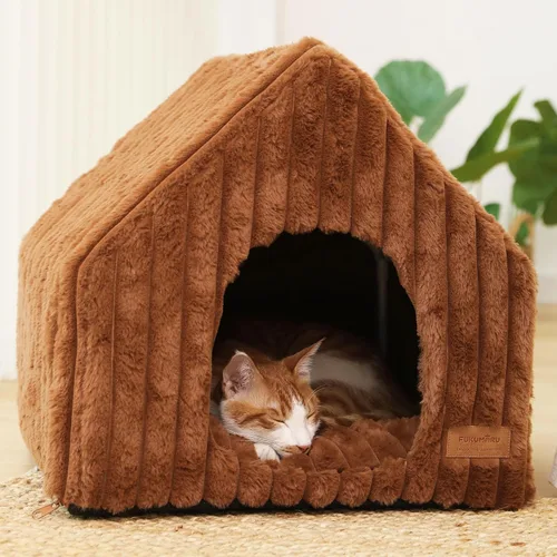 Vista 6 de FUKUMARU Casas para gatos de interior, cueva linda y lavable para gatos con almohada removible, casa grande semi-cerrada y acogedora para perros