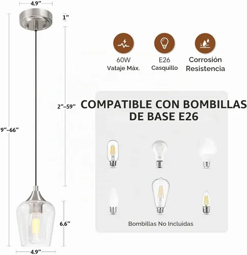 Vista 5 de VONLUCE Luces colgantes para isla de cocina, iluminación colgante de níquel cepillado para isla de cocina con cable colgante para dormitorio