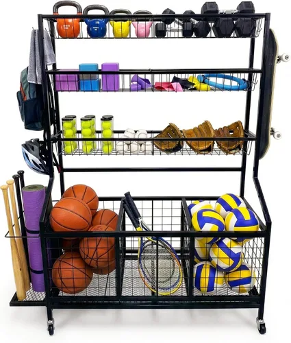 Vista 8 de AMPLY Organizador de equipo deportivo, estante de almacenamiento de pelotas deportivas rodantes con cubos de bolas grandes, rejilla lateral