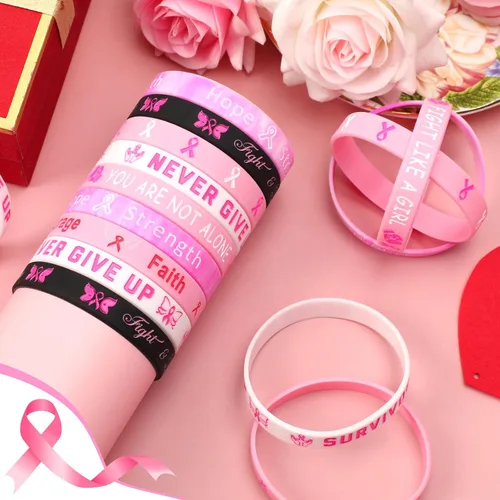 Vista 5 de JUNEBRUSHS 42 piezas de accesorios de concientización sobre el cáncer de mama, pulseras de silicona Esperanza Fe Fuerza Coraje, pulseras accesorios