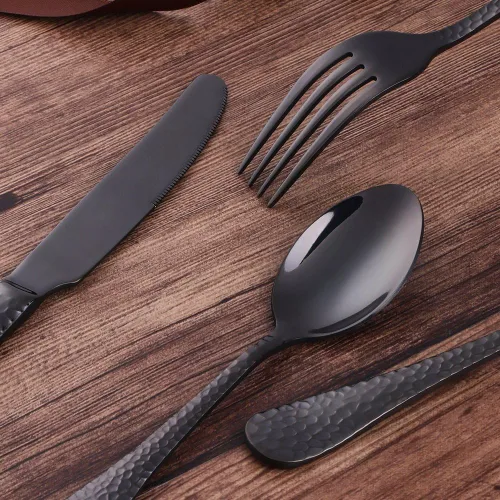 Vista 5 de Juego de 5 piezas de cubiertos de acero inoxidable negro para 1, juego de cubiertos incluye cuchillo de cena, tenedor de mesa, cuchara de mesa