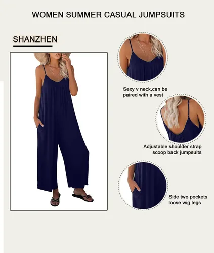 Vista 5 de Overol casual sin mangas para mujer, cuello en V, correa ajustable, pantalones largos sueltos con bolsillos
