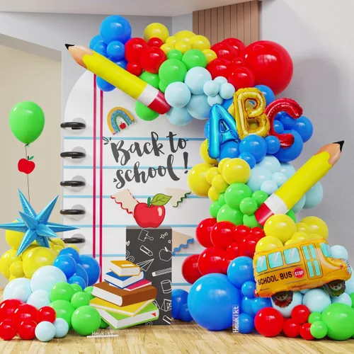 Vista 7 de Kit de arco de guirnalda de globos de regreso a clases, bolsa de lápices de autobús escolar, globo de aluminio con globos arcoíris para el primer