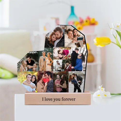 Vista 7 de Marco de fotos personalizado con collage de corazón, placa de madera con base para el día de San Valentín, boda, aniversario, cumpleaños, decoración