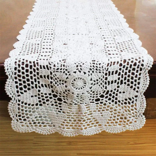 Vista 6 de KEPSWET Camino de mesa rectangular de girasol hecho a mano con encaje de ganchillo, decoración floral de boda (14 x 36 pulgadas, beige)