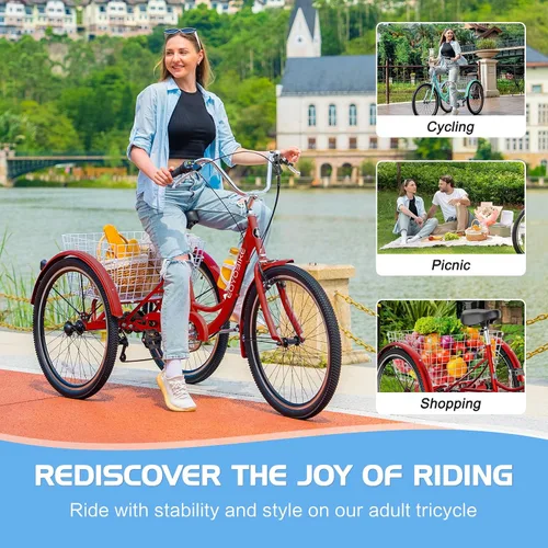 Vista 5 de Slsy Triciclo para adultos de 7 velocidades, 20/24/26 pulgadas, bicicleta de 3 ruedas para adultos con cesta de compras grande, capacidad de 350