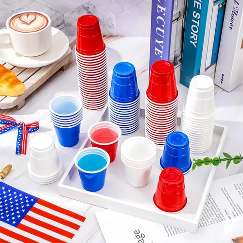 Vista 5 de Whaline 150 vasos de chupito de plástico patrióticos de 2 onzas para el 4 de julio, desechables, pequeños, rojo, blanco, azul, para fiesta de 250