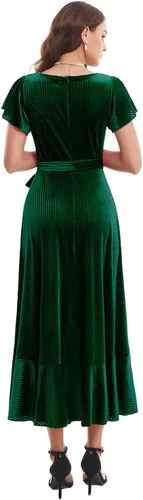 Vista 2 de Bbonlinedress Womens V-Neck Long Formal Velvet Dress Hi-Lo Ruffle Cocktail Party Wedding Guest Dress