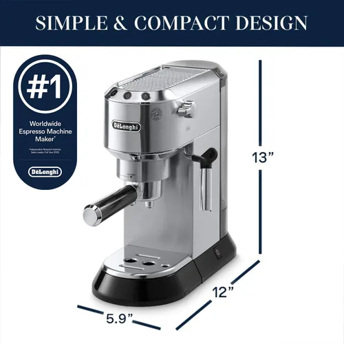 Vista 3 de Máquina de espresso de 15 bares, DeLonghi Dedica, Acero inoxidable 15-Bar Professional Pressure, Thermoblock Heating, Patented Manual Cappuccino