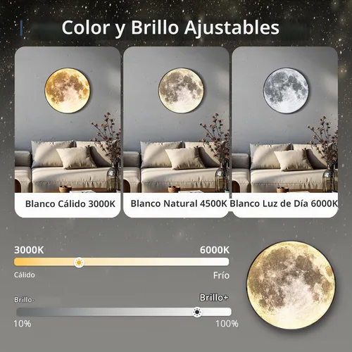Vista 3 de Lámpara de pared de luna regulable de 9.5 pulgadas con control remoto, moderna lámpara de pared LED enchufable, lámpara de pared negra de 12 W