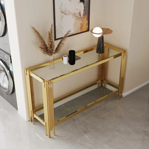 Vista 16 de Mesa de centro de vidrio templado de 31.5 pulgadas, moderna mesa de té dorada de 2 niveles con estante inferior, mesas centrales de lujo con marco