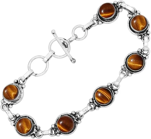 Vista 59 de Round Shape Natural & Synthetic Gemstones Silver Plated Bracelets for Women - Vintage Bohemian Style Handmade Birthstone Adjustable Link Bracelet