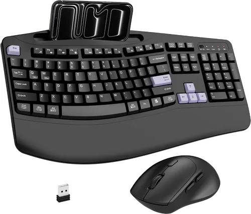 Vista 15 de Combo de teclado y mouse inalámbricos, teclas onduladas de tamaño completo 2.4G, teclado ergonómico con reposamuñecas, soporte para teléfono, mouse
