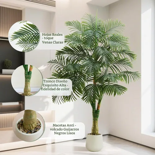 Vista 4 de Palmera artificial de caña dorada de 6 pies, plantas artificiales Planta de palma de seda sintética en maceta blanca, árboles artificiales altos