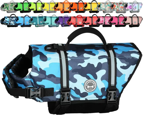 Vista 17 de VIVAGLORY Chaleco salvavidas para perros Rip Stop, chaleco de natación con asa, flotabilidad para perritos cachorros, chaleco salvavidas para perros