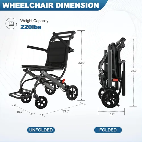 Vista 2 de Silla de ruedas ultraligera de transporte (solo 15 libras), silla de ruedas portátil plegable con freno de mano, carros para viajes en avión