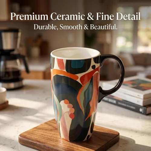 Vista 7 de DUSVALLY Taza de viaje de cerámica de 17 onzas con tapa, taza de café de arte abstracto, taza de té moderna de mediados de siglo con asa, apta
