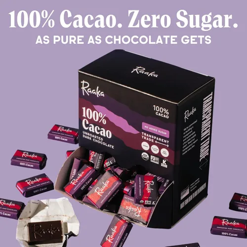 Vista 5 de Raaka Mini barras de chocolate, 100% cacao, orgánicas, kosher, veganas, sin gluten, comercio justo, sin soja, sin OMG, paleo, caja de 100 chocolates