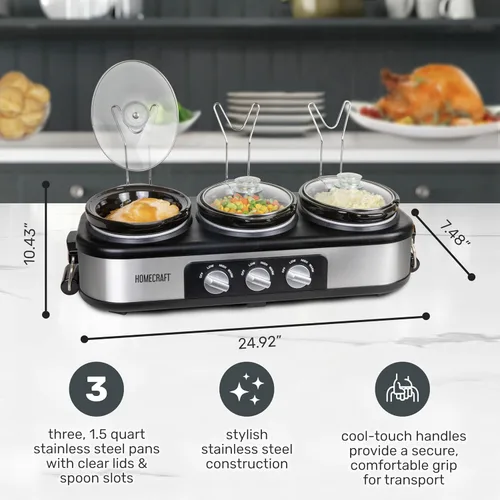 Vista 2 de HomeCraft HCTSC15SS Olla de cocción lenta de acero inoxidable de 3 estaciones de 1.5 cuartos ovalada para buffet, con tapa y reposa cucharas
