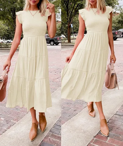 Vista 6 de ZCSIA Vestido midi casual de verano 2024 con volantes, manga corta, cuello redondo, fruncido, escalonado, acampanado, para mujer