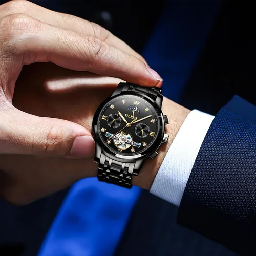 Vista 6 de OLEVS Relojes automáticos para hombre, impermeable, vestido de lujo, cuerda automática, esqueleto mecánico, tourbillon, fase lunar, acero
