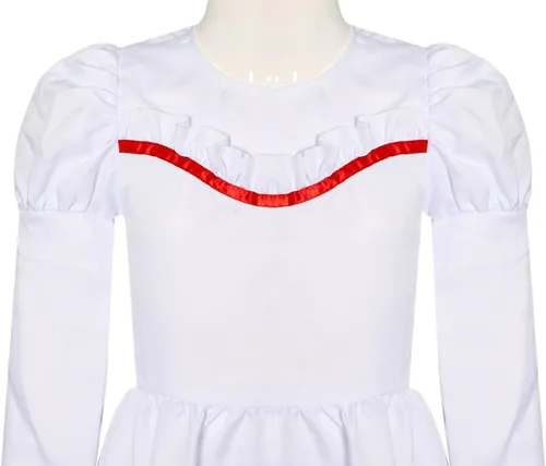 Vista 5 de Occipa Disfraz de Annabelle de la película de terror para adultos y niños, vestido blanco para cosplay de Anna con cintura, peluca de Annabelle