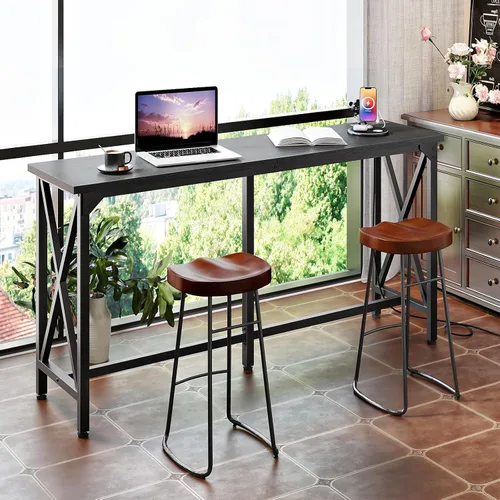 Vista 3 de CHOEZON Mesa de bar de 55 pulgadas, mesa de comedor de cocina con toma de corriente y reposapiés, estilo industrial, para pub, sala de estar, marrón
