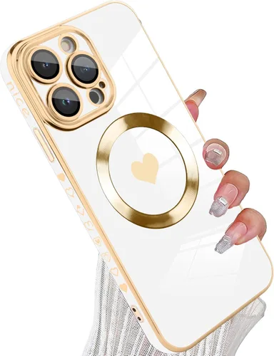 Vista 42 de tharlet Funda Magnética para iPhone 11 [Compatible con Magsafe] Lindo Corazón de Amor de Lujo Chapado Borde Dorado Parachoques con Lente de Cámara