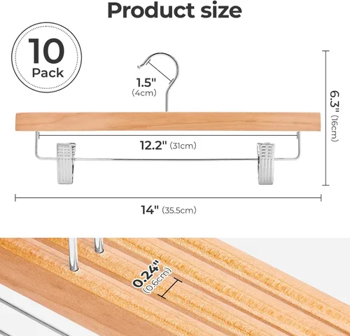 Vista 7 de HOUSE DAY Perchas de madera para pantalones con clips, perchas de madera maciza de loto de lujo, gancho resistente y antioxidante para pantalones
