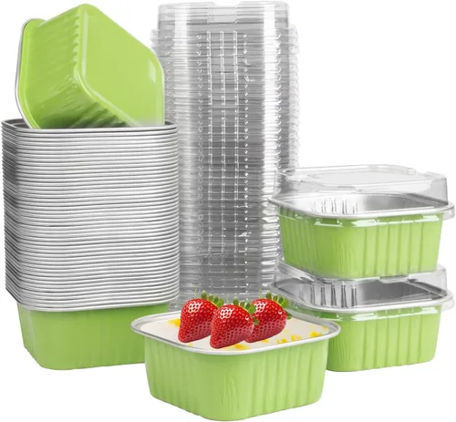Vista 18 de 50 Pcs Mini Square Baking Cups with Lids,5oz Aluminum Foil Mini Cake Pans with Lids,Disposable Ramekins Cake Pans,150ml Dessert Cups Cupcake Pans