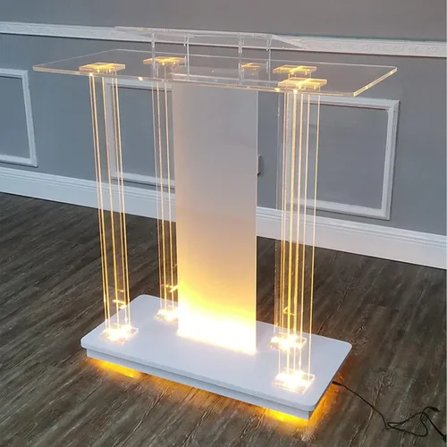 Vista 2 de Soporte de podio acrílico transparente, podio de piso con ruedas, plataforma de lectura vertical con luces LED, escritorio de recepción rodante