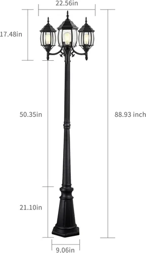 Vista 2 de PARTPHONER Lámpara de poste para exteriores, 3 cabezales, color negro clásico con paneles de vidrio transparente, base E26 máxima de 100 W