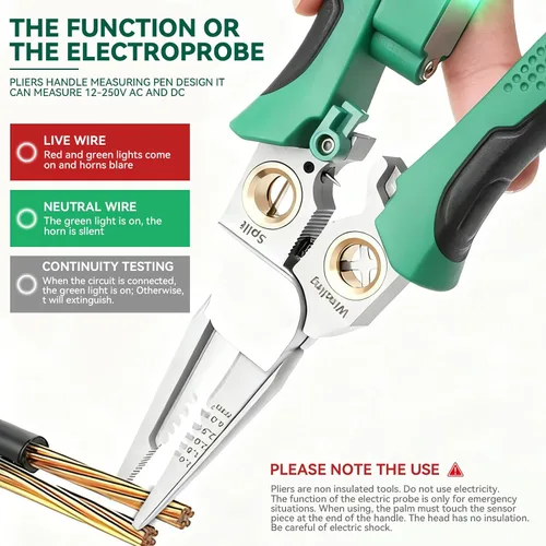 Vista 2 de Pelacables 8 en 1 con probador de voltaje, herramienta de pelado de cables eléctricos multifunción para cortar y alicates de tracción, herramienta