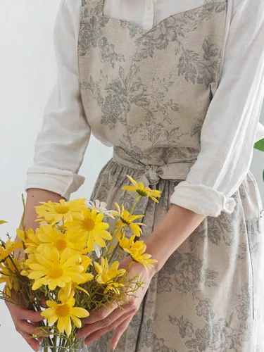 Vista 5 de Delantal de cocina floral de algodón impermeable para mujer, delantal ajustable con bolsillos, estilo vintage para cocinar y hornear